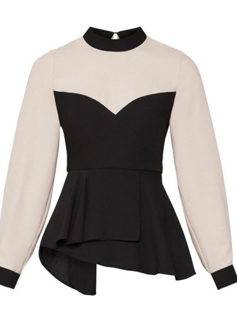 BCBGMaxAzria Black and Cream Peplum Long-Sleeve Top